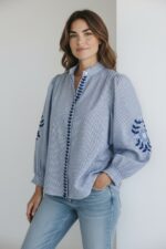 Chemise Rayée Brodée En Coton À Col Montant