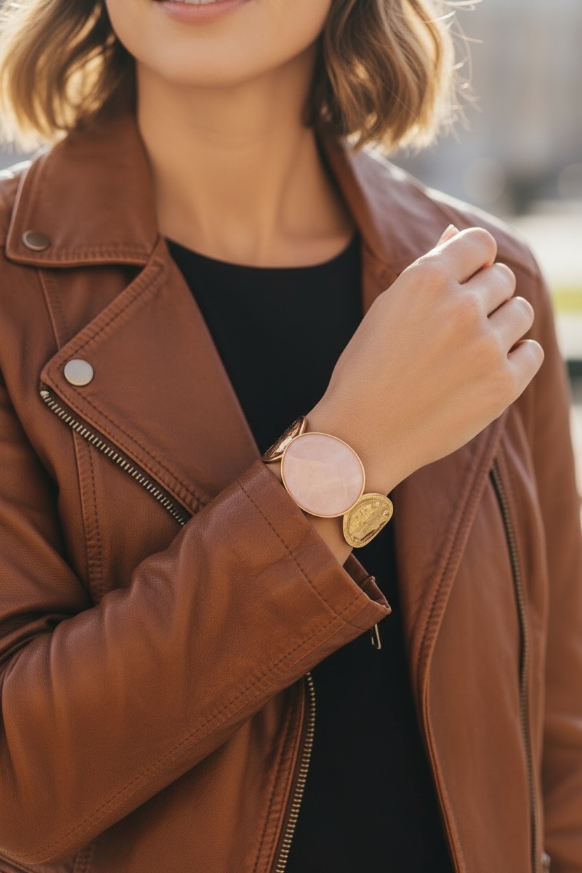 Photoroom_20260216_144933 Bracelet Doré Large Avec Pierre Ovale Colorée – Image 1