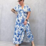 Robe Longue Grande Taille Imprimé Floral Bleu Élégant