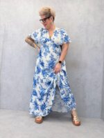 Robe Longue Grande Taille Imprimé Floral Bleu Élégant