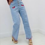 Pantalon Vichy Wide Leg Broderies Cerises