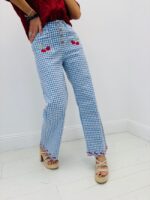 Pantalon Vichy Wide Leg Broderies Cerises