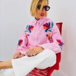 Chemise Rayée Brodée Fleurie En Coton