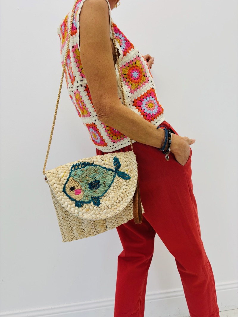 IMG_3284 Sac Pochette Effet Paille Broderies Fantaisie Été – Image 1