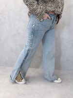 Jean Large Denim Strass À Bandes Boutonnées