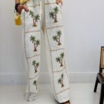 Pantalon Fluide Brodé Motif Palmiers