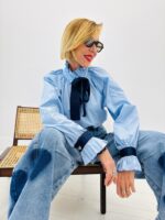 Blouse Romantique À Col Volanté Et Nœud Contrasté