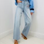 Jean Wide Leg Brodé À Poches Fleuries