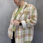 Veste Blazer Grande Taille Tweed Texturé Bleu & Beige – Élégance Chic Intemporelle