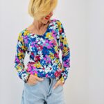 Pull Maille Fleurie Multicolore Col V Élégant