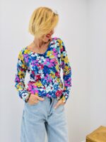 Pull Maille Fleurie Multicolore Col V Élégant