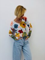 Pull Maille Artistique Imprimé Floral & Coccinelle Col V