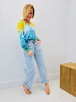 Pull Maille Artistique Dégradé Floral Jaune & Bleu Col V – Image 2