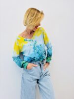 Pull Maille Artistique Dégradé Floral Jaune & Bleu Col V