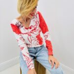 Pull Maille Fine À Col V Imprimé Floral Rouge Intense