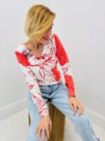 Pull Maille Fine À Col V Imprimé Floral Rouge Intense