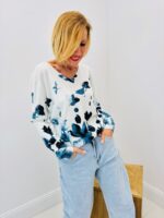 Pull Maille Fine À Col Rond Imprimé Papillons Bleu Nuit