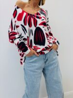 Pull Maille Fluide À Col V Imprimé Feuillage Graphique Rouge Et Noir – Image 2