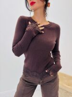 Pull Maille Côtelé Détails Dentelle – Image 8