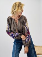 Blouse rayée brodée manches boules – Image 4
