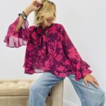 Blouse imprimée volant avec lavallière