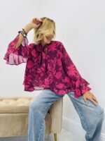 Blouse imprimée volant avec lavallière