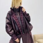 Veste style bomber simili cuir détail carreaux