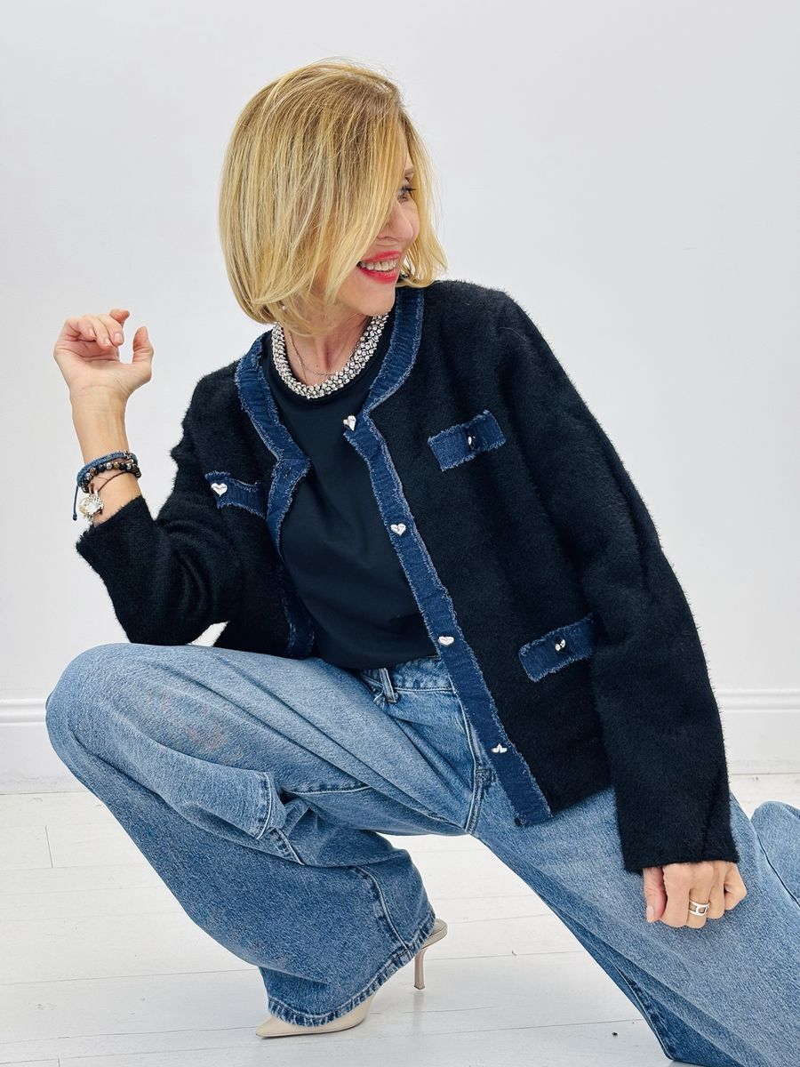 Cardigan noir finitions denim My'Mia