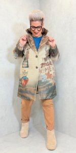 Manteau imprimé artistique avec col effet fourrure – Grande Taille