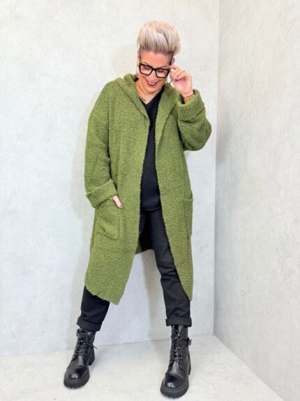 Gilet long à capuche en maille bouclette