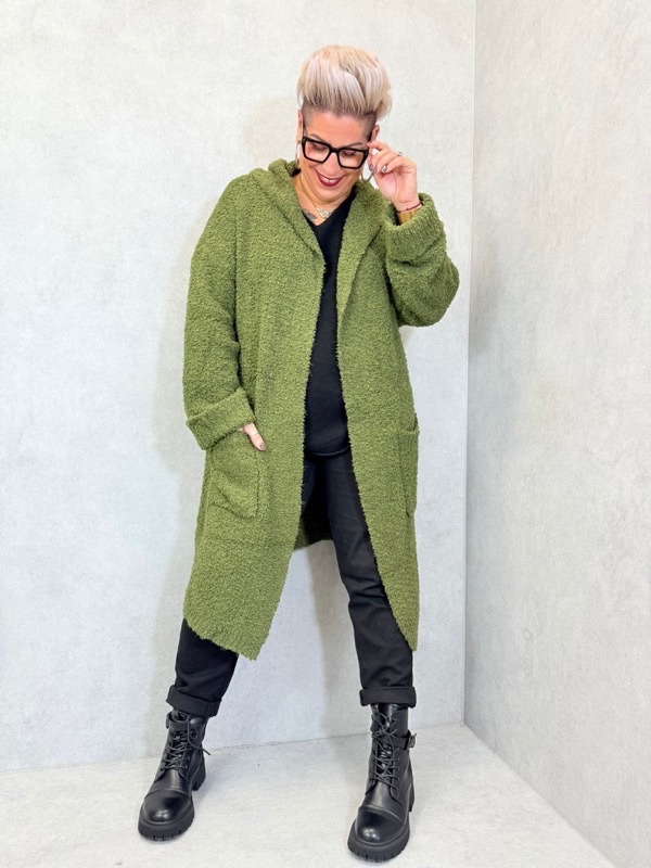 23102025-006 Gilet long à capuche en maille bouclette – Image 1