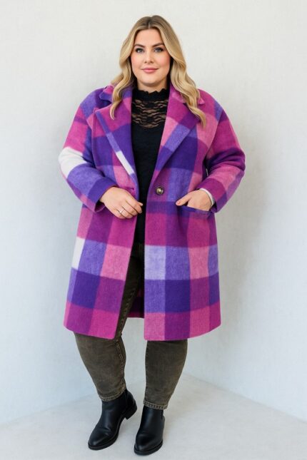 Manteau à carreaux laine bouillie – Grande Taille