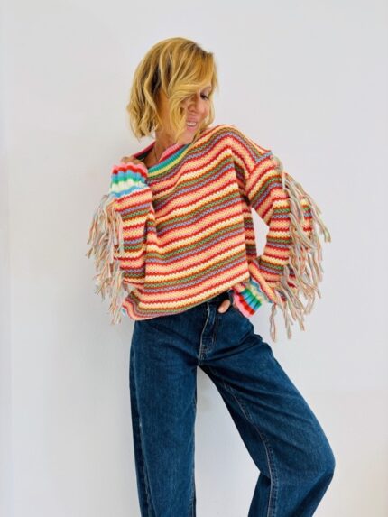 Pull Rayé Multicolore à franges – Maille viscose