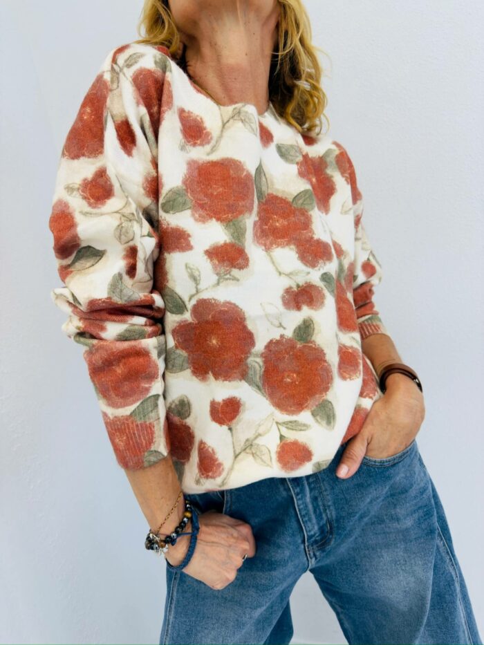 Pull Imprimé Fleuri à Col Rond – Image 1